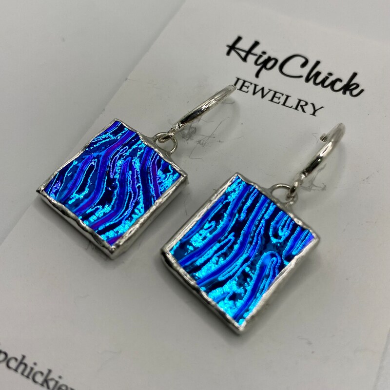 BLUE SQUARE Earrings by Hip Chick Glass, Handmade Dangle Drop Earrings, Silver Drop Earrings, Handmade Jewelry on Sale